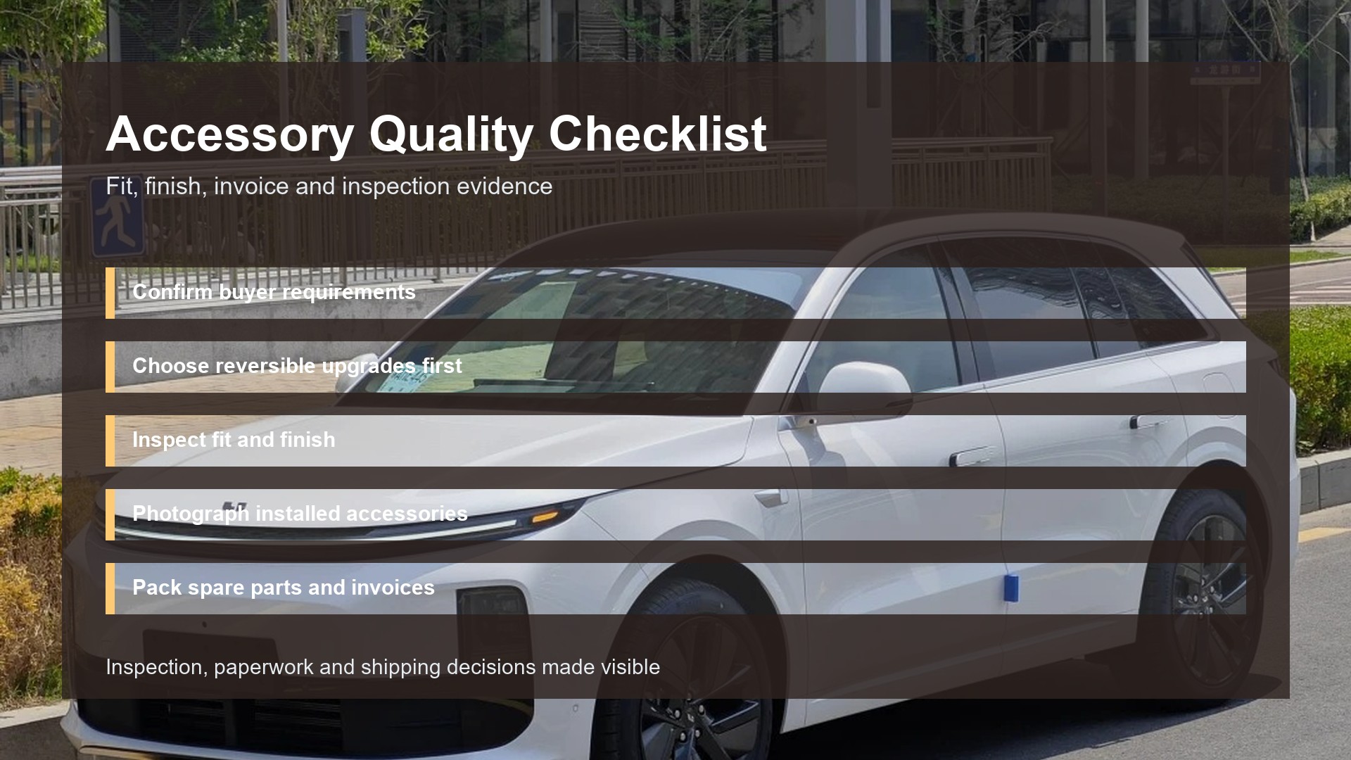 Accessory Quality Checklist for custom car upgrades before export by Triumph Cars