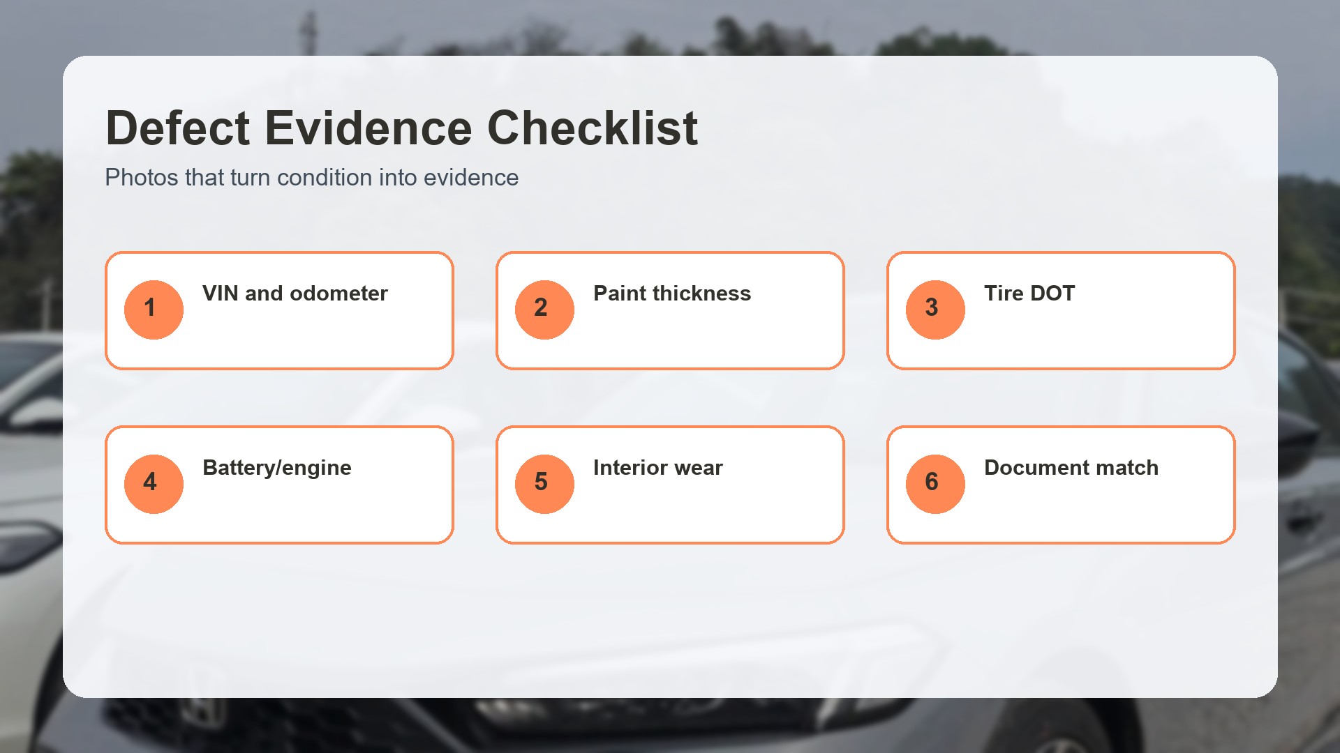Used Cars from China: Inspection Checklist Before Export - Visual 2 Defect Evidence Checklist for used cars from China by Triumph Cars