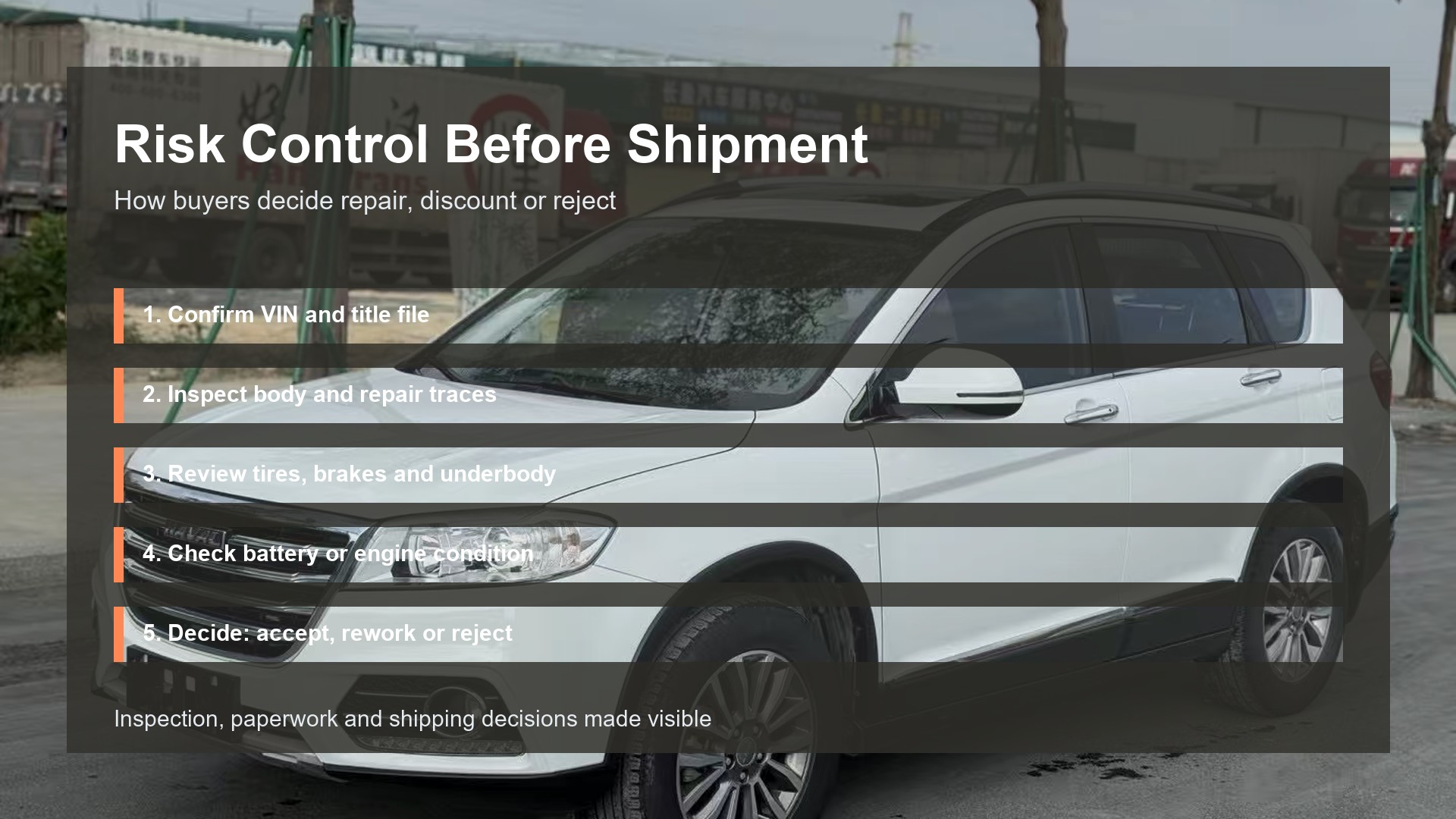 Used Cars from China: Inspection Checklist Before Export - Visual 3 Risk Control Before Shipment for used cars from China by Triumph Cars