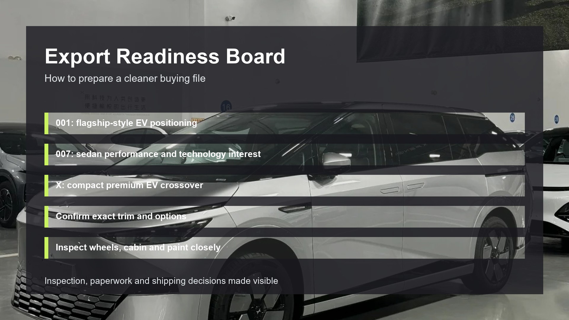 Zeekr 001, 007 and X: Premium Chinese EV Sourcing Notes - Visual 3 Export Readiness Board for Zeekr sourcing guide by Triumph Cars